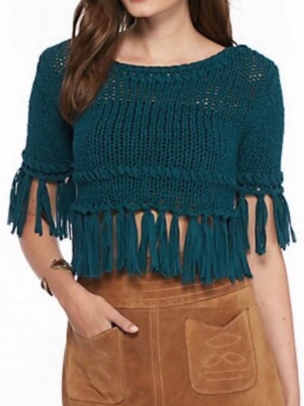Free People On The Fringe Sweater Teal Crochet Knit Tassel Fringe Boho Top